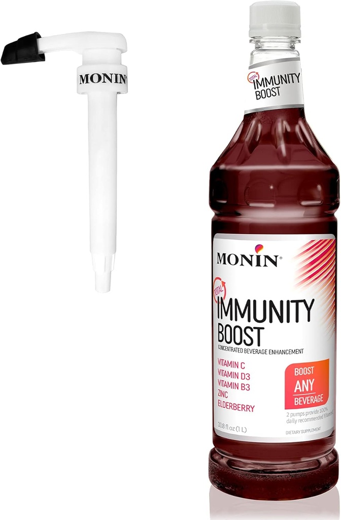 Monin - Gesamte Immunität Boost, Immununterstützungsergänzung, Flüssige Mischung von Vitaminen, Mineralien, & Antioxidantien, Immune Boosting Vitamin C & D + Elderberry, Für alle Getränke, Niedrige Kalorien (1 Liter + Pumpe)