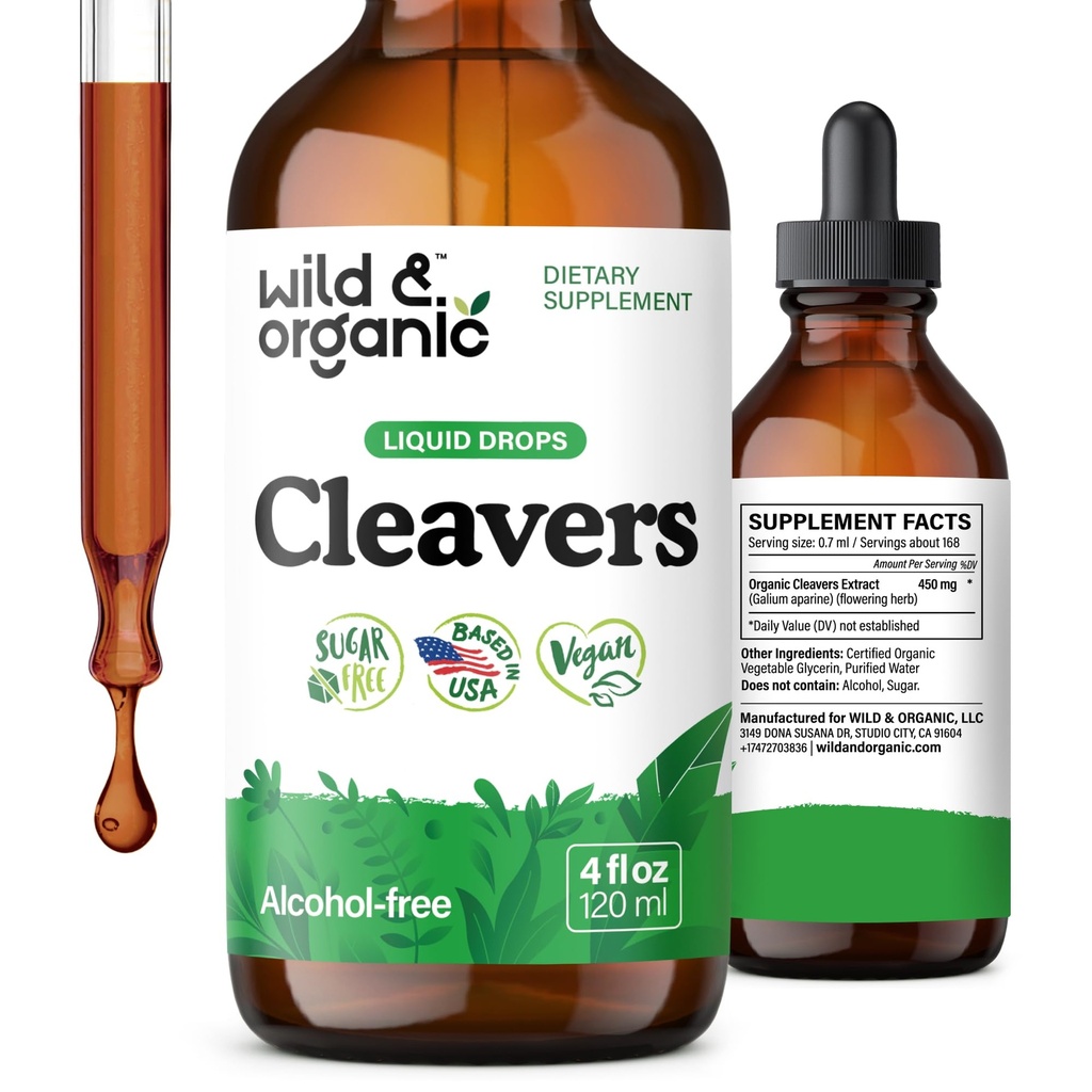 Wild & Organic Cleavers Tincture - Kräuter-Detox Tropfen mit Cleavers Kräuter - Galium Aparine Blatt Extract Supplement - Vegan, Zucker & Alkoholfrei - 4 fl oz