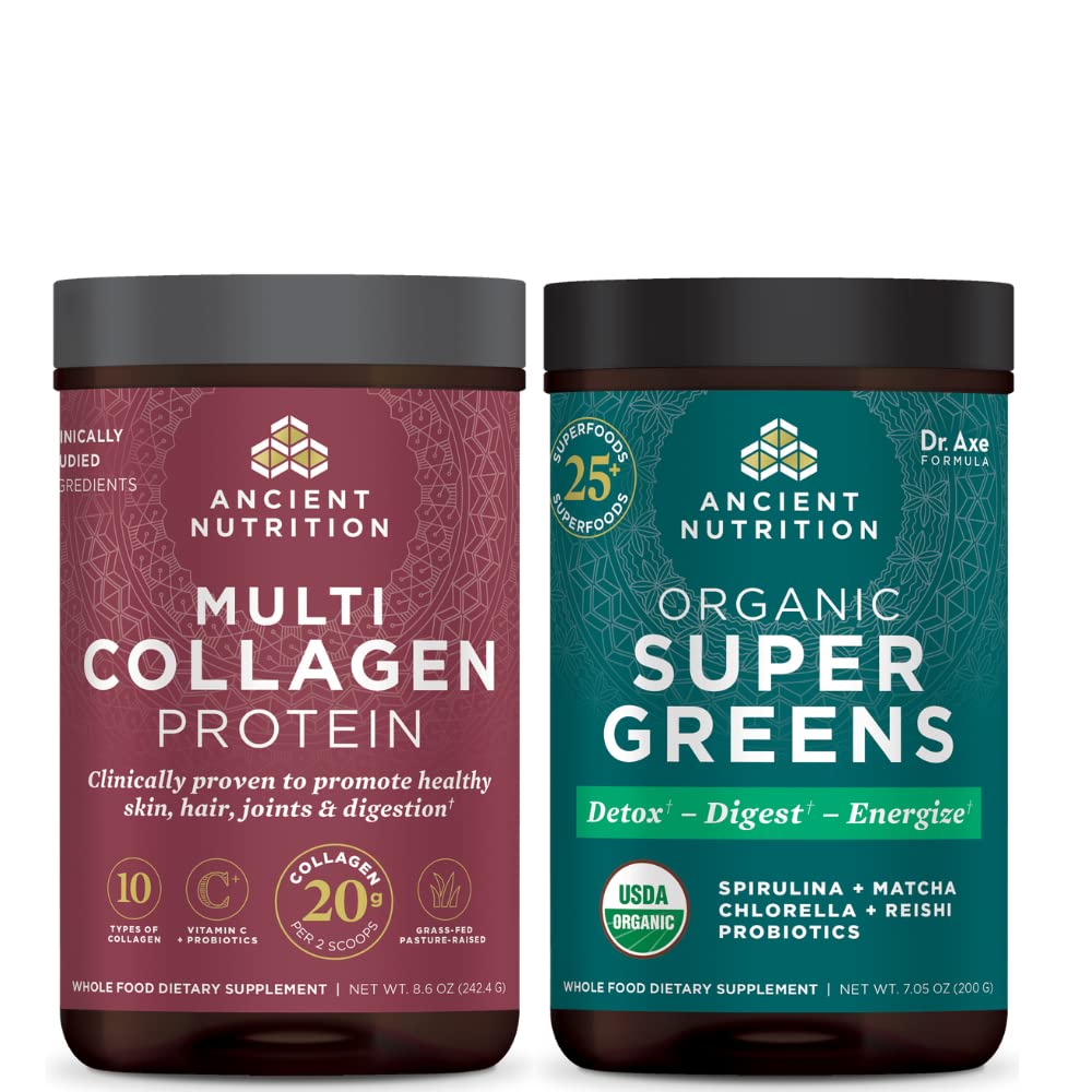 Antike Ernährung Multi Collagen Protein Pulver, Unflavored, 24 Servierungen + Supergreens Pulver, Grüne Geschmack, 25 Servierungen