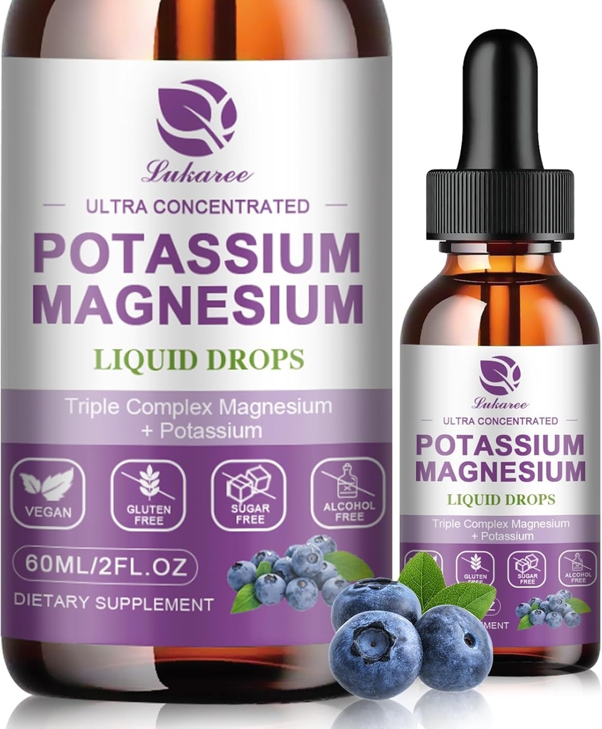 Kalium Magnesium Supplement Flüssigkeit w/Triple Complex Magnesium Glycinate & Kalium Plus Omega 3, Sea Moss, Black Seed, D3K2 & Calcium für Zzz, Leg Cramps & Muskel-2 FL OZ Drop