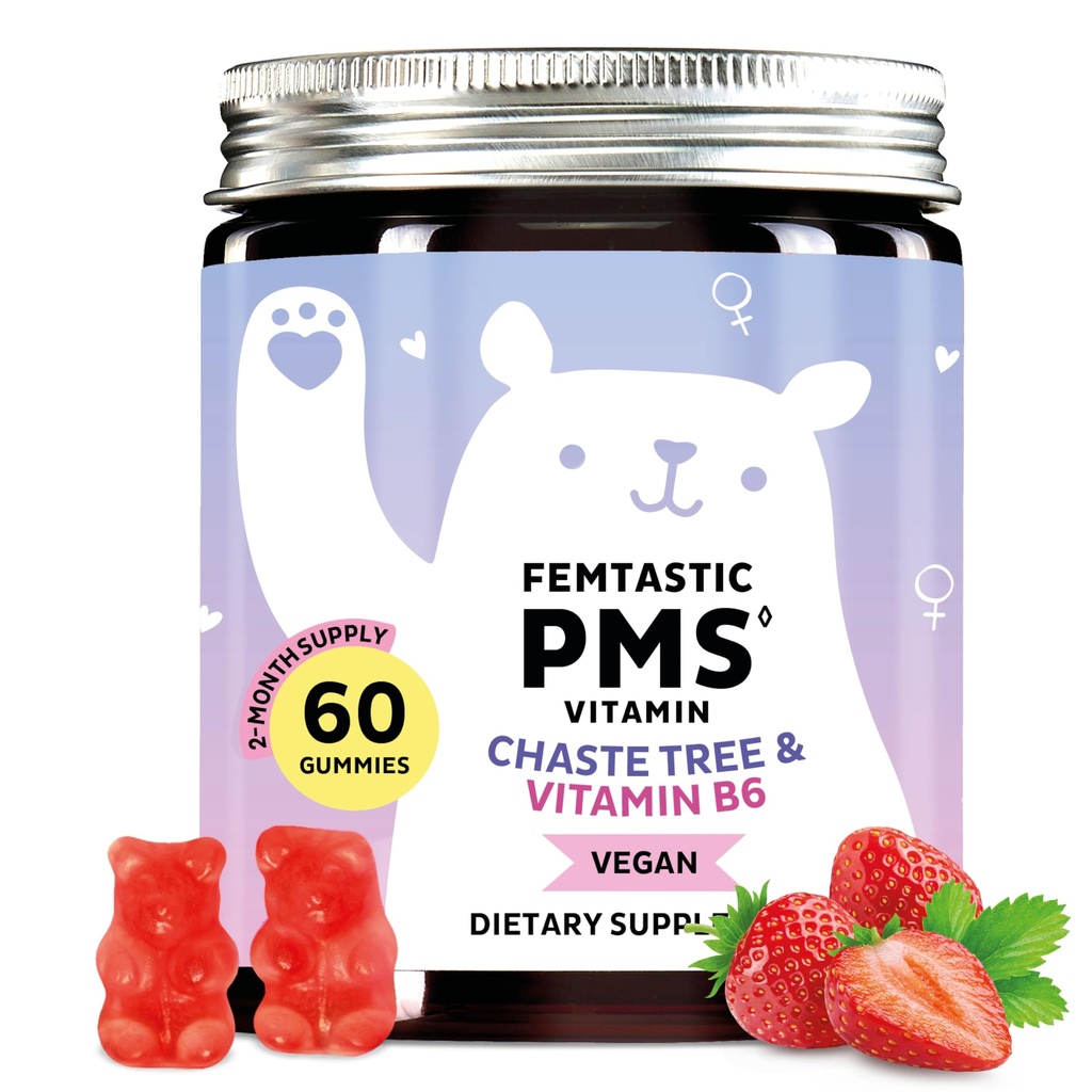 PMS Support Supplement für Frauen. Menstrual Relief Gummis zu Target Hormonal Breakouts, Bloating, Period Cramps, & Mood Swings. Vegan, mit Vitamin B6 & Zitronenbalsam, 60 Gummi