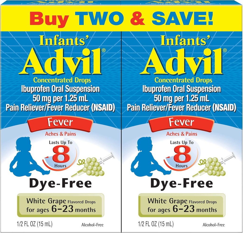 Advil Infants' Fever Reducer/Pain Reliever Dye-Free, 50mg Ibuprofen Concentrated Drops (White Grape Flavor, 0.5 fl. oz. Flasche, Packung von 2)