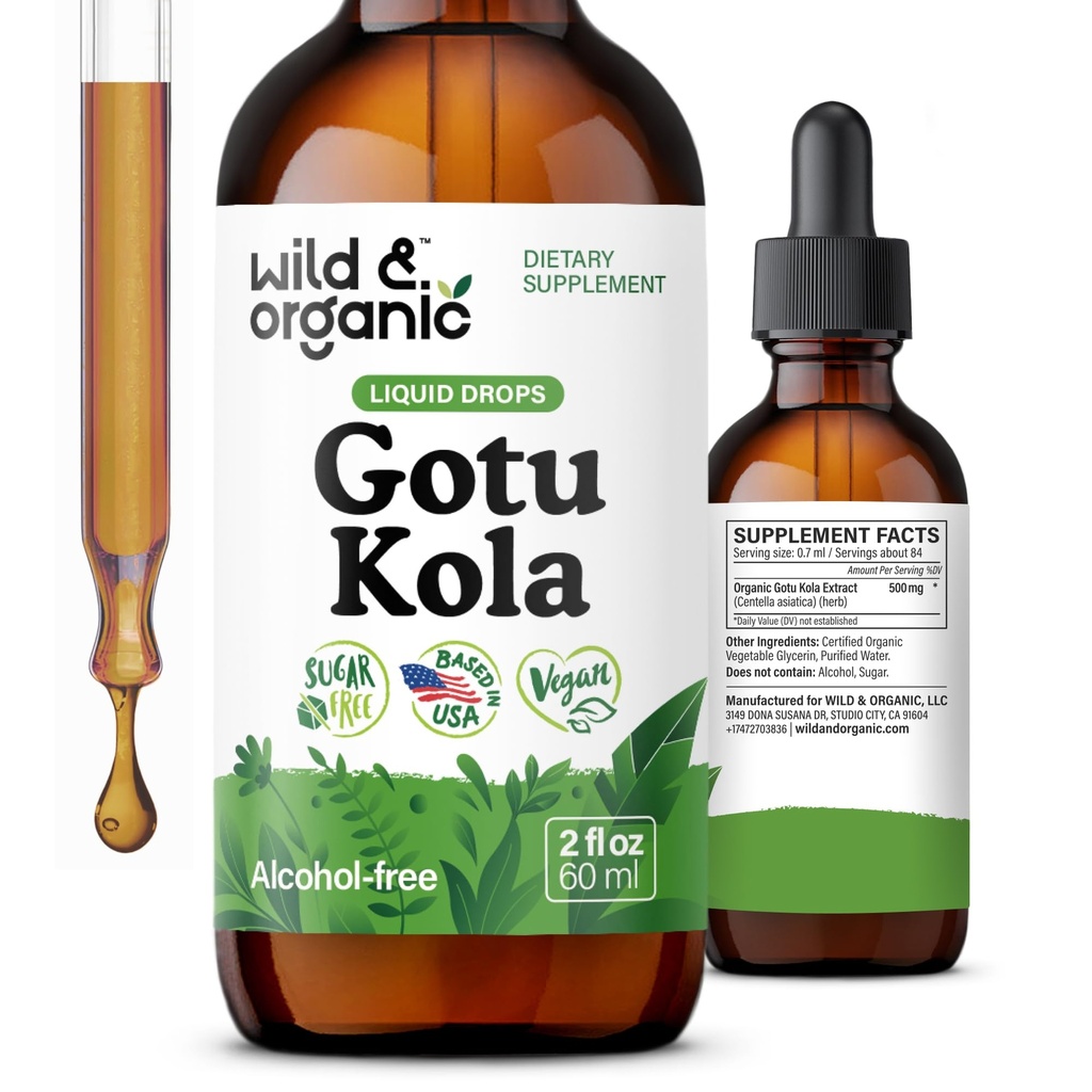 Wild & Organic Gotu Kola Kräutertee - Brain Support - Gotu Kola Liquid Extract Drops - Vegan, Zucker & Alkoholfreie Centella Asiatica Supplement - 2 fl oz