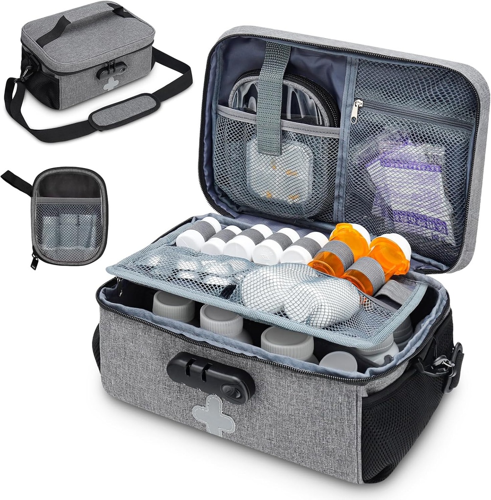 Pill Bottle Organizer Tasche mit Kombinationsschloss, abschließbare Medizin Tasche Organizer, Reisemedizin Organizer mit tragbaren kleinen Beutel, Medizin Schließfach für Verschreibung Flaschen mit Schulterriemen