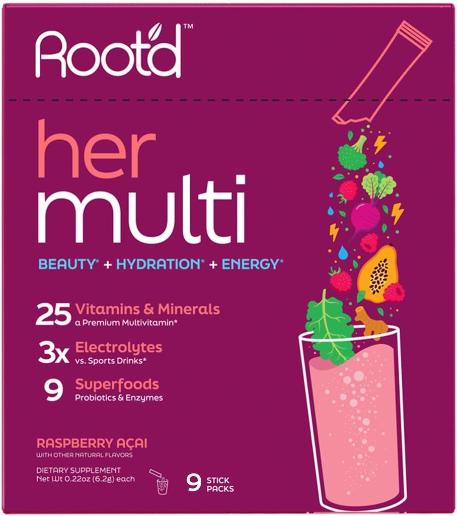 Root'd Multivitamin Powder für Damen - 25 Vitamine & Minerals mit 3X Elektrolyten, 9 Bio-Superfoods, Probiotics & Enzyme, Sugar-Free Multivitamin & Hydration | 9 Vitamin Drink Mix Packets