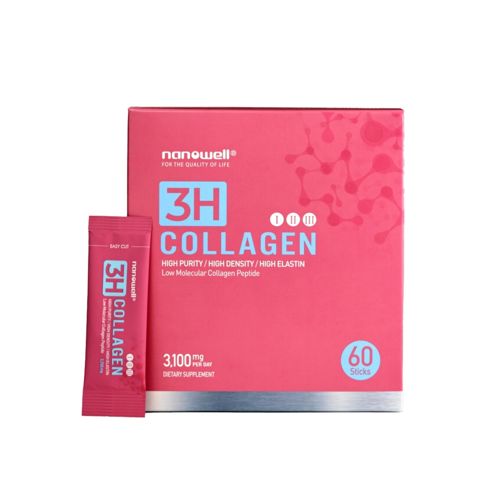 NANOWELL 3H Collagen Peptide Powder - Typen I, II, & III mit Vitamin C, hydrolysierte Elastin Peptide & Hyaluronsäure - Unterstützt Haar, Haut, Nägel, Gelenke & Knochen - 60 Sticks, 30 Tage Versorgung
