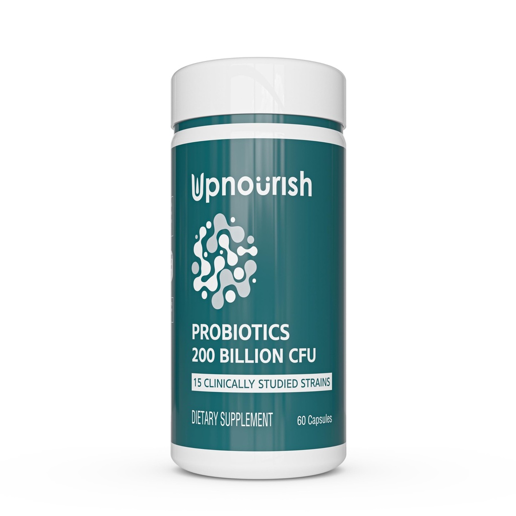 UpNourish Probiotics - 200 Milliarden CFUs für Männer und Frauen, 15 klinisch untersuchte Strains, Prebiotics & Enzymes - 60 Vegan Capsules