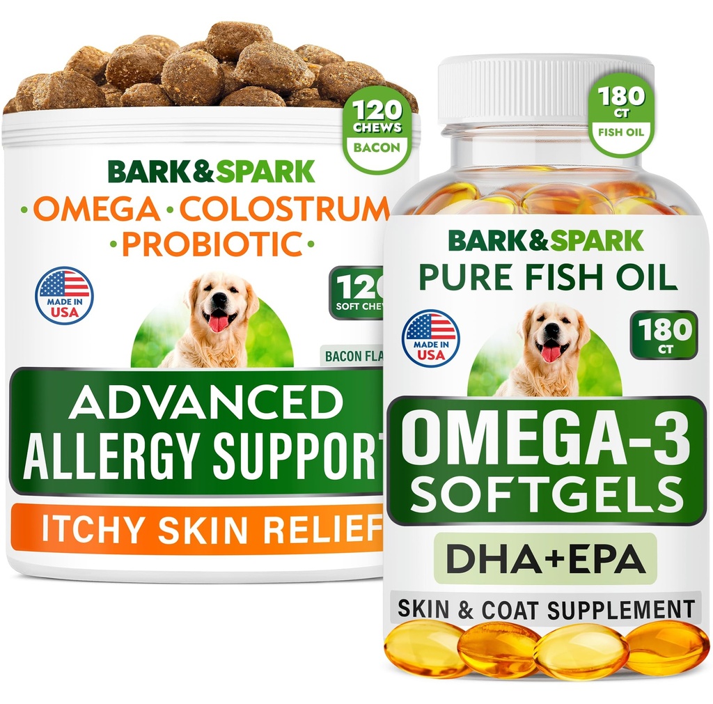Advanced Dog Allergy + Omega 3 Bundle - Itch Relief - Probiotics w/Fish Oil Omega 3 + EPA&DHA Fettsäure - Hautallergiker + Gelenkgesundheit - 120 Chews + 180 Softgels - Bacon + Fisch Flavor - Made in USA