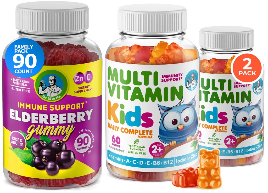 Kinder Multivitamin-Gummien 14 Essential Vitamine und Elderberry-Gummien für Kinder und Erwachsene Vitamin A, C, D, E Vegetarian B6 & B12, Zink, Biotin Gummy Multivitamine für Kinder + Immununterstützung