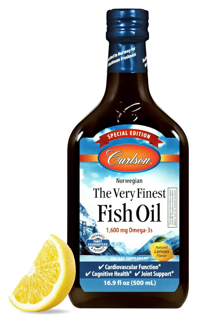 Carlson - The Very Finest Fish Oil, Special Edition, 1600 mg Omega-3s, Liquid Supplement, Norwegian Fish Oil, Wild-Caught, Sustainable Sourced Liquid, Lemon, 500 mL (16.9 Fl Oz)