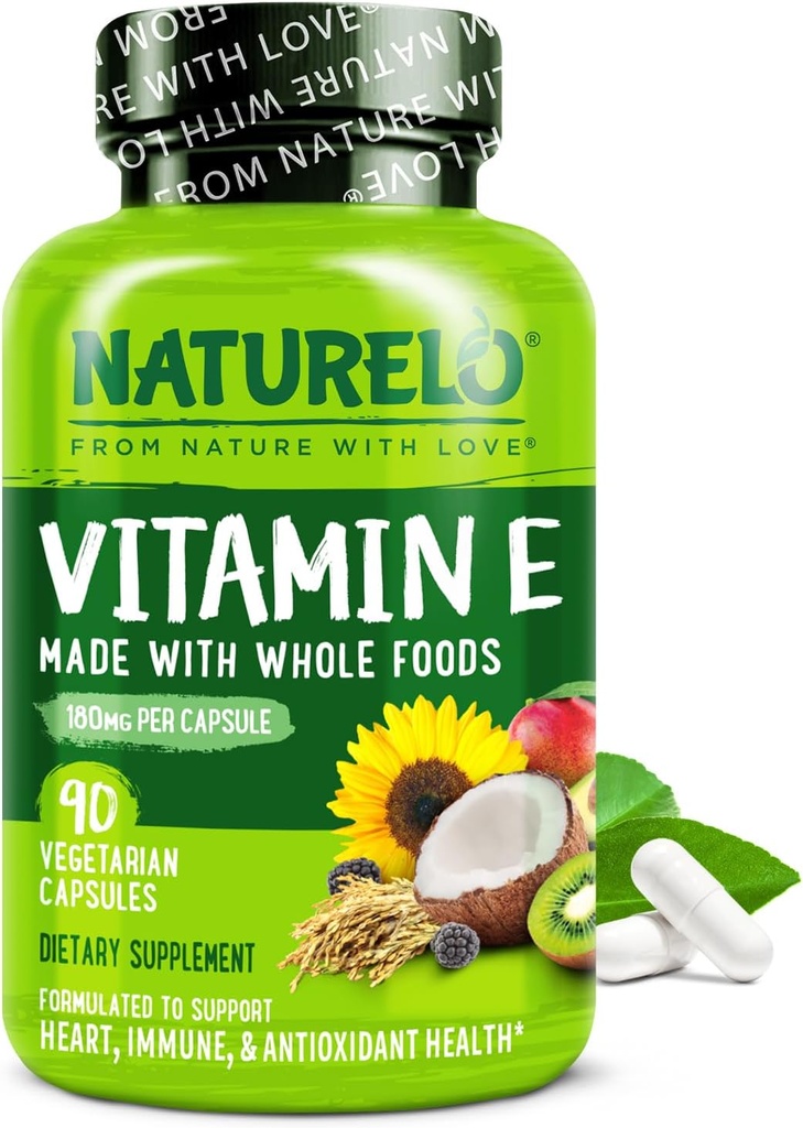 NATURELO Vitamin E - 180 mg (300 IU) von natürlichen gemischten Tocopherolen aus Organischen Ganznahrungen - Ergänzung für gesunde Haut, Haar, Nägel, Immun- und Augengesundheit - Non-GMO, Soy Free - 90 Vegan Kapseln