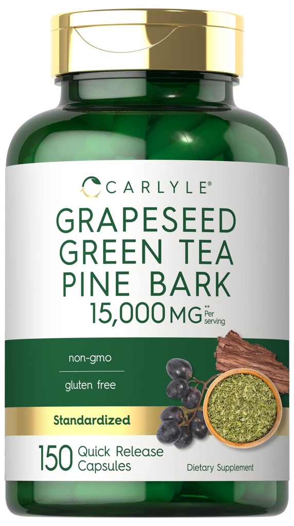 Carlyle Grapeseed, Grüner Tee, Pine Bark | 15.000mg | 150 Kapseln | Non-GMO und glutenfreie Ergänzung