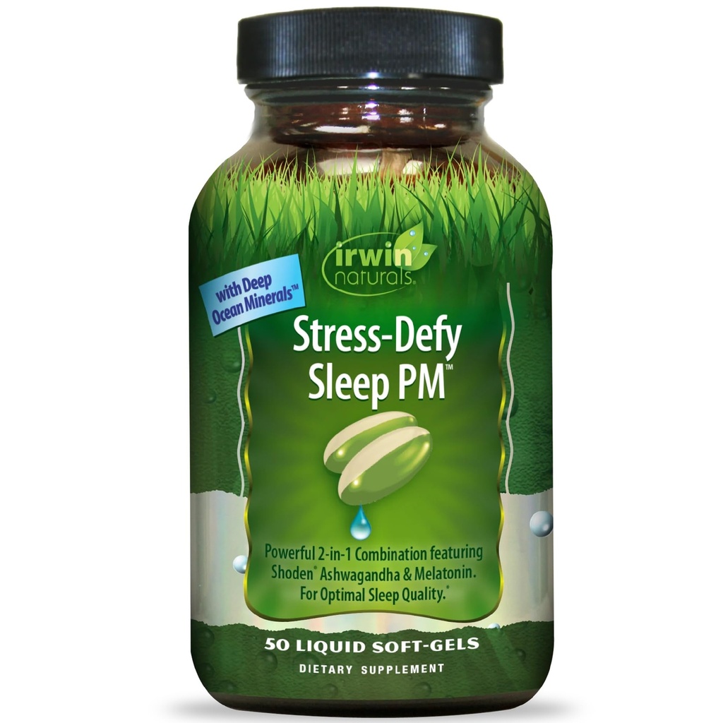 Irwin Naturals Stress-Defy Sleep PM - 50 Liquid Soft-Gels - Leistungsstarke 2-in-1 Kombination mit Ashwagandha & Melatonin - 25 Portionen