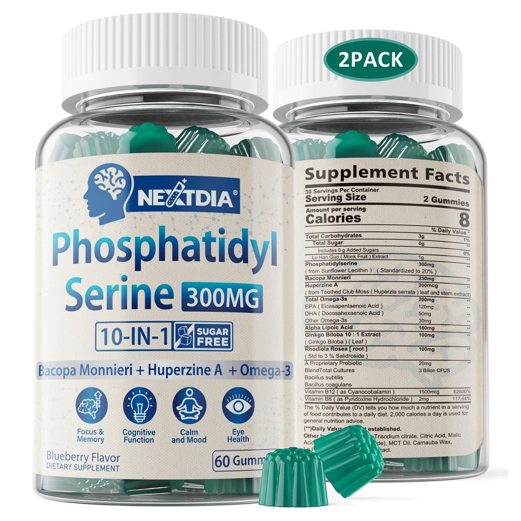 Phosphatidylserine - Nootropic Brian Supplement, Focus & Energy Gummies+ Bacopa Monnieri, Omega 3, Huperzine A, Methyl B12 & B6 für Senioren, Gamer, Workers, Non-GMO, Koffeinfrei, Sugar Free, 2 Pack