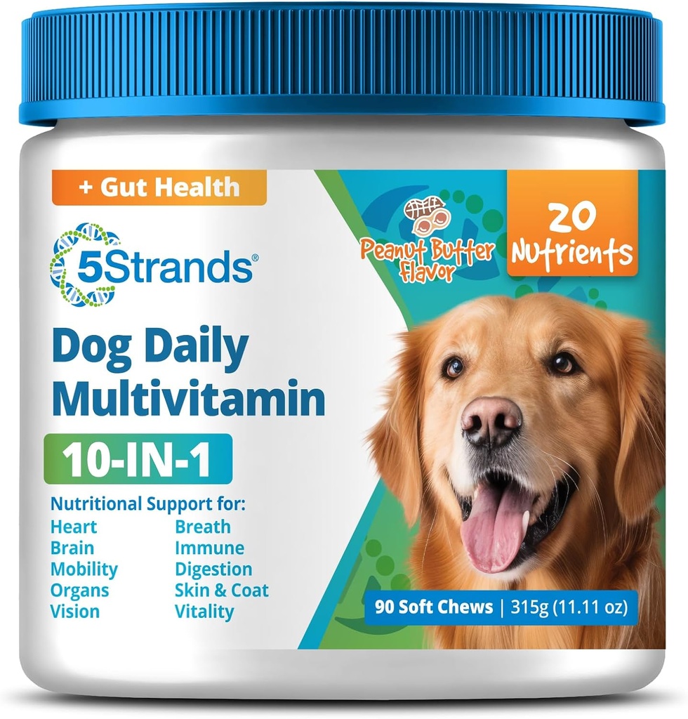 5Strands Dog Multivitamin Chews, 10-in-1, Vitamine & Postbiotics, All Ages & Breeds - Verdauung, Gehirn, Organe, Herz, Mobilität, Vision, Haut & Coat, Immunität - Hundeergänzung (Peanut Butter, 90ct)