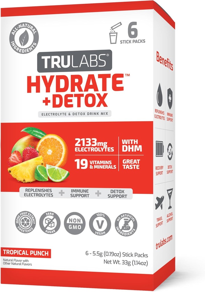 TRULABS Hydrate + Detox - Tropical Punch. Sugar Free Electrolytes Hydration Packets. Jede Portion enthält 1422 mg Elektrolyte &19 Vitamine & Mineralstoffe & DHM (6ct)