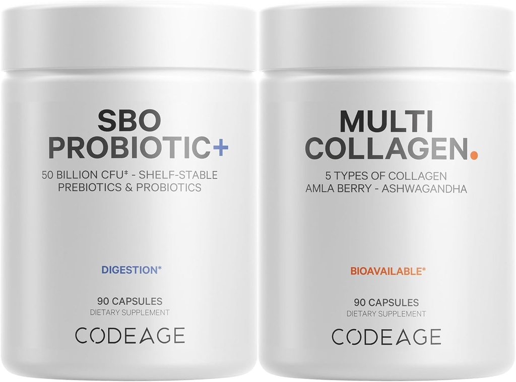 Codeage Multi Collagen Protein Kapseln 5 Arten, Ashwagandha Withania Somnifera & Organic Amla Berry + SBO Probiotic Blend 50 Billion CFU Bundle, Lactobacillus Plantarum, Bacillus Subtilis, Non-GMO