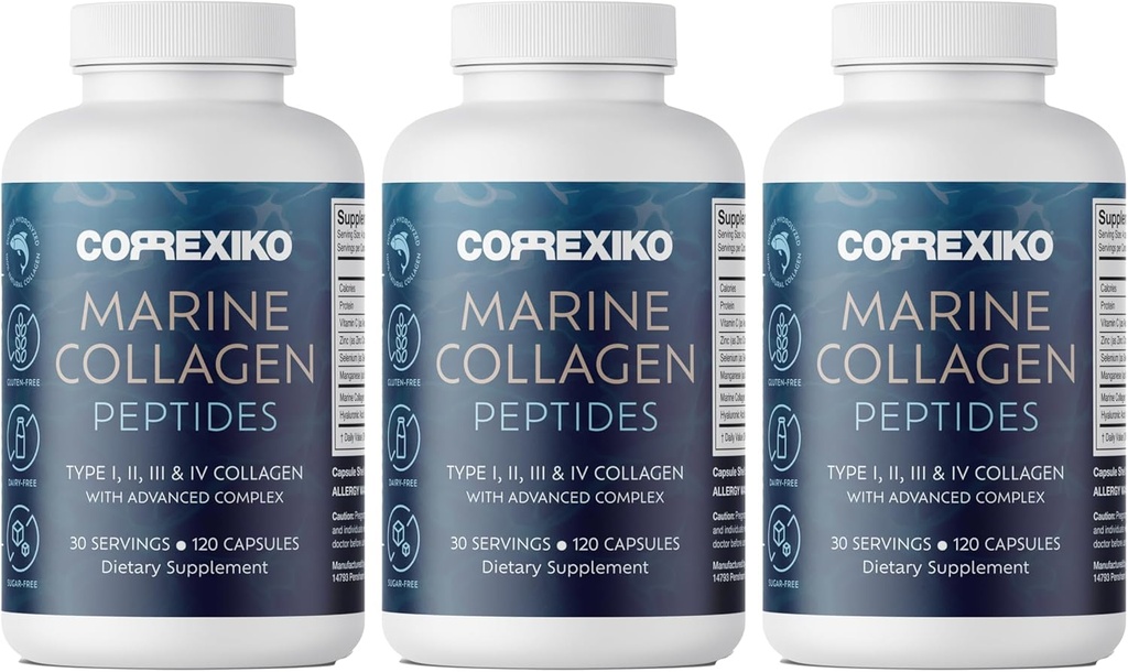CORREXIKO Marine Collagen Supplement Pillen - 1800mg hydrolysierte Collagen Peptide pro Servieren mit Hinzugefügt Hyaluronsäure, Vitamin C & Minerals - für Haar, Haut und Nägel - 360 Kapseln 3 Monat Versorgung