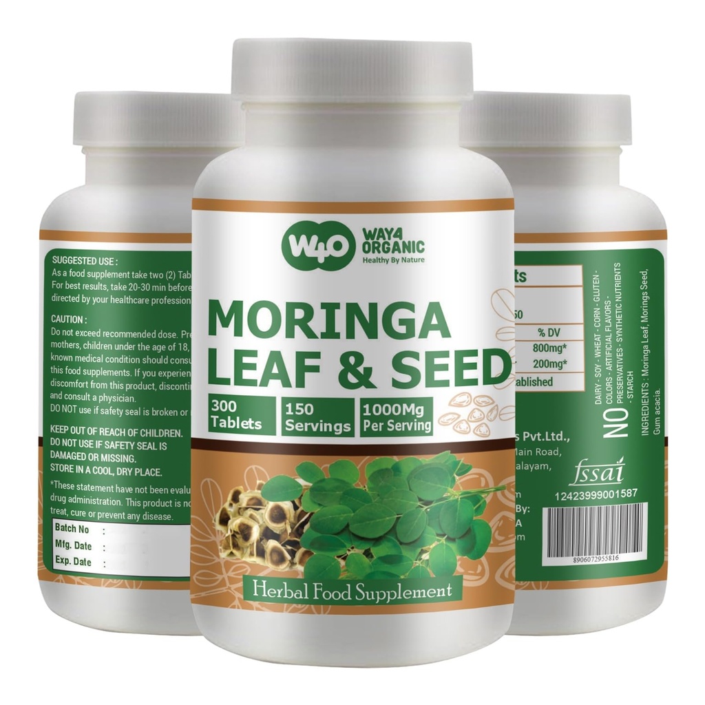 Moringa Oleifera Blatt und Samen Pulver (80:20) Verhältnis 300 Pillen (Tablets), 150 Servierungen, 1000 mg. Unbeschichtete Malunggay Kräuterergänzung, keine chemische Beschichtung, grüne Superfood. Pack von 1.