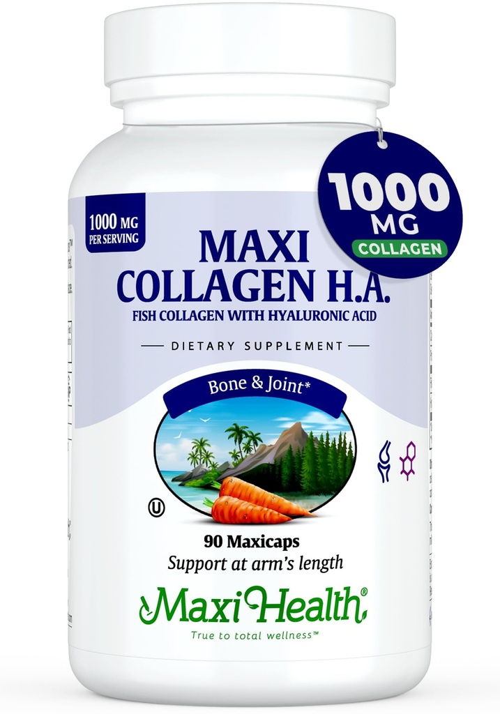 Maxi Health Marine Collagen Pillen – 1000 mg Typ 1 Kollagen für Damen und Herren mit Hyaluronsäure-Ergänzung für Gelenk- und Hautunterstützung – Unflavored, Clean Kosher Capsules (90 Maxicaps)