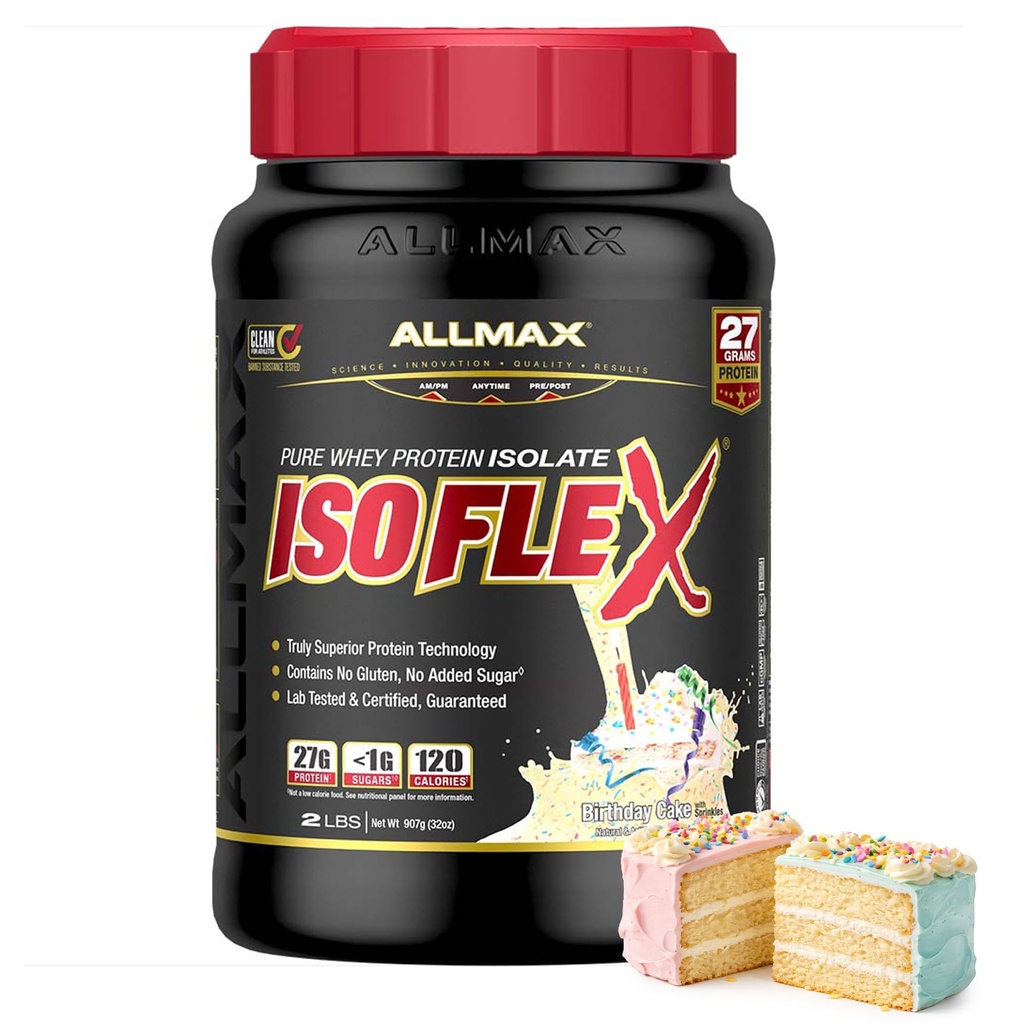 ALLMAX ISOFLEX Pure Whey Isolate Protein Powder - Gluten Free, Low Lactose, Sugar-Free - High-Protein, Clean, Keto-Friendly for Pre Post Workout Supplement for Women and Men | Birthday Cake, 2lb