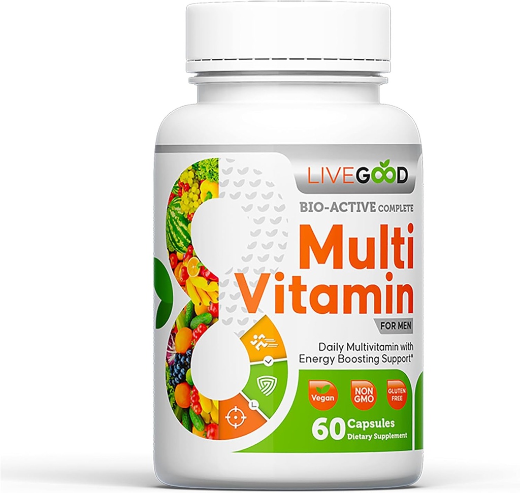 LiveGoodTM Men's Bio-Active Complete Multivitamin, Tägliche Ergänzung mit Vitamin A, B12, C, E, Lycopin, Vegan, 60 Kapseln