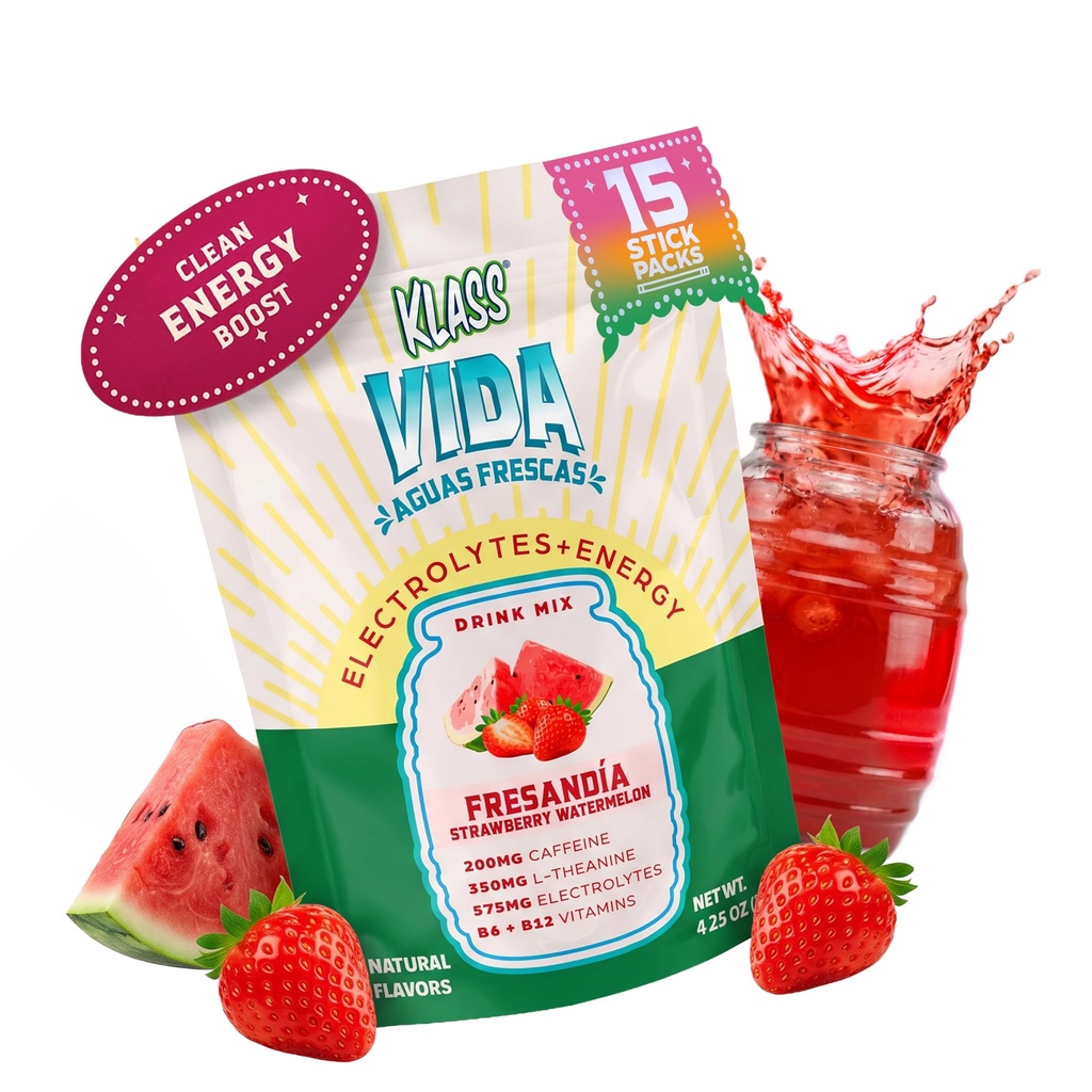 Hydration + Energy Electrolyte Drink Mix – Erdbeerwassermelone Agua Fresca Flavor | Zuckerfreies Pulver mit Koffein, L-Theanin, Kokoswasser & Minerals | 15 Single-Serve Stick Packs