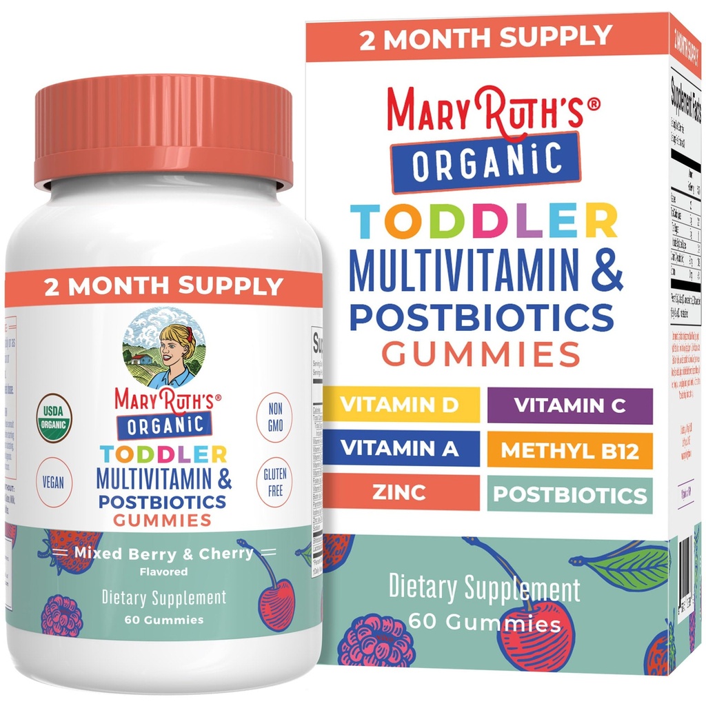 MaryRuth Organics Kleinkind Multivitamin Gummis + Postbiotics | USDA Organic | Vitamins for Kids Ages 2+ | Immununterstützung | Vitamin C | Vitamin D3 | Vitamin A | Zink | Vegan | Non-GMO | 60 Servietten