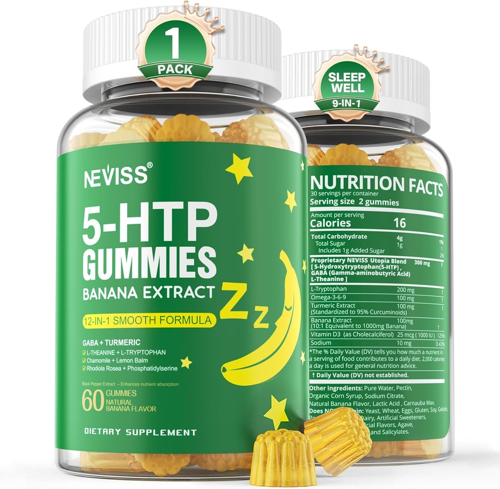NEVISS 1Pack 5-HTP-Gummien + GABA - Melatonin kostenlos - Entspannungsgummis mit Banana-Extrakt, L-Theanin, L-Tryptophan, Vitamin D3 für gesunde Erholungszyklen & Circadian Rhythm,Brain Funktion & Muskel entspannen