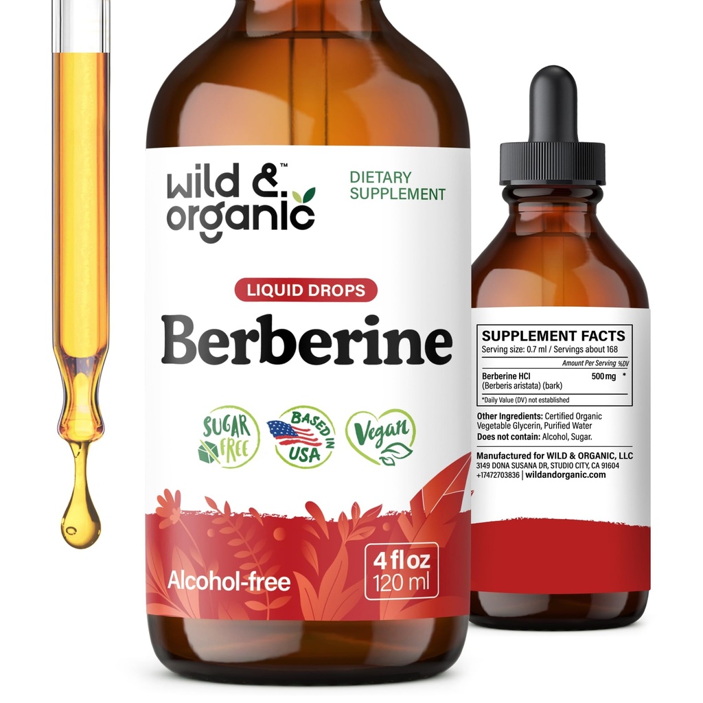 Wild & Organic Berberine Tropfen 500mg - Flüssige Berberine Ergänzung HCL für Gesamtunterstützung - Reine Extrakt-Tinktur - Vegan, Alkohol & Zuckerfrei - 4 fl Unze