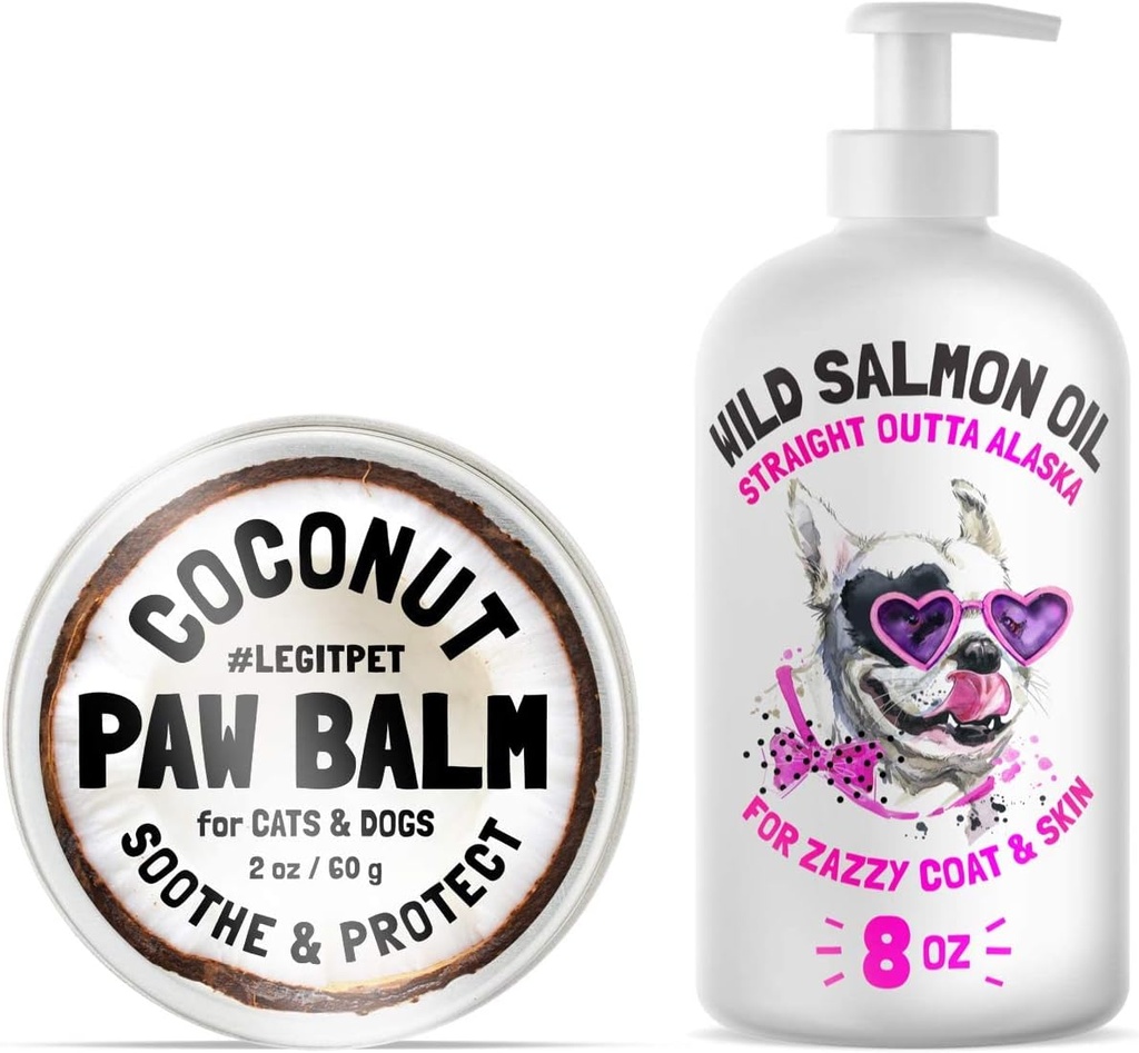 LEGITPET Dog Paw Balm Wax Soother & Moisturizer Cream mit natürlichem Lebensmittel-Grad Coconut Oil, Bio Shea Butter & Beeswax 2 oz und Wild Alaskan Lachsöl für Hunde und Katzen 8 oz Bundle