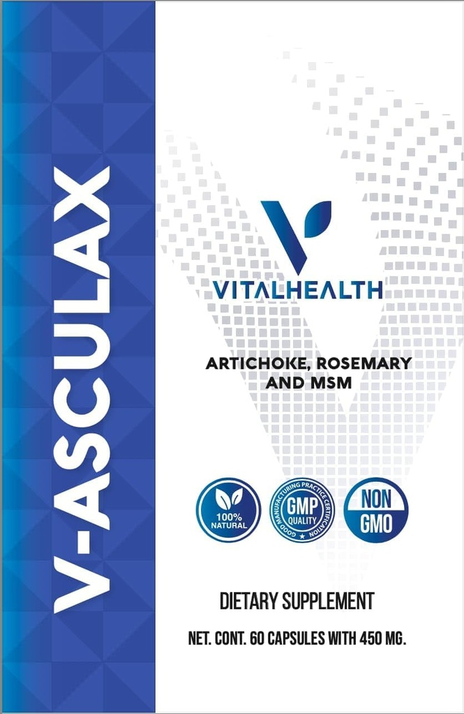 Vital Health V-Asculax Zirkulation Unterstützung – Herzgesundheit, Blutfluss, Flüssigkeitsretention & Arterial Zirkulation – Natürliche Kräuterformel mit Hexenhazel, Rue, Artichoke, Rosmarin, MSM & Pferdeschwanz