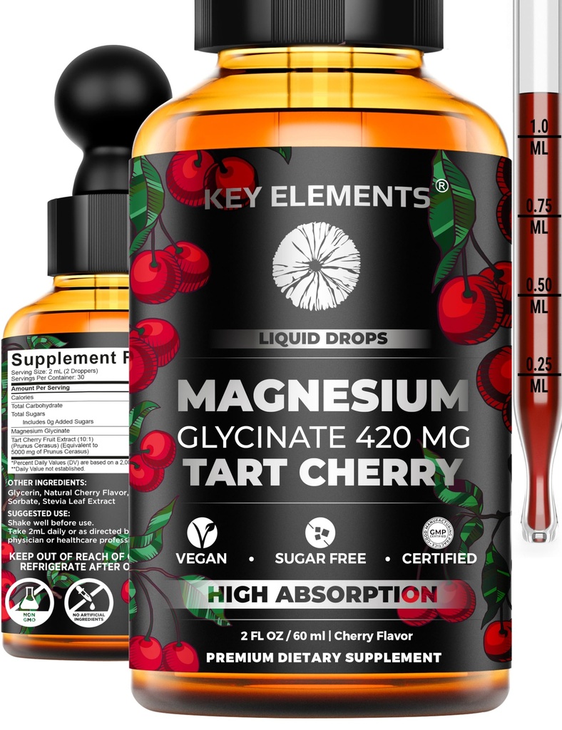 Flüssiges Magnesium Glycinat 420 Mg mit natürlichem Tart Kirschextrakt | Magnesium Glycinat Tropfen Ergänzung für Schlaf, Mood & Mobilität Unterstützung | Tart Kirschextrakt