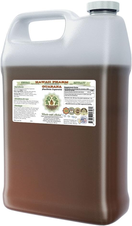 Guarana Alcohol-Free Liquid Extract, Guarana (Paullinia Cupanais) Geted Seed Glycerite Hawaii Pharm Natural Herbal Supplement 64 oz