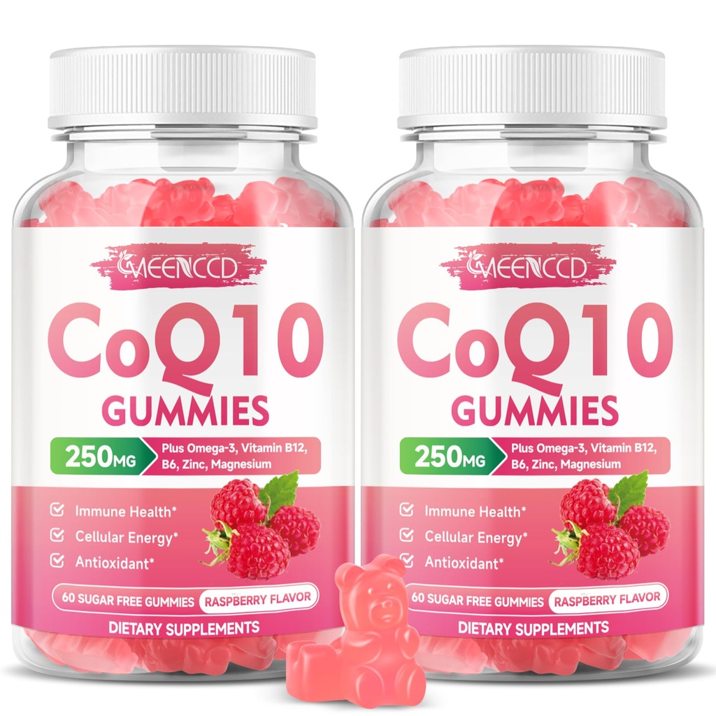 Zuckerfreie CoQ10 Gummie 250mg, Coenzym Q10 Ergänzungen Plus Omega-3, Vitamin B6 & Zink, hohe Absorption CoQ10 Ergänzung für Cellular Energy & Antioxidans Unterstützung, Himbeer Geschmack, Vegan 120Cts