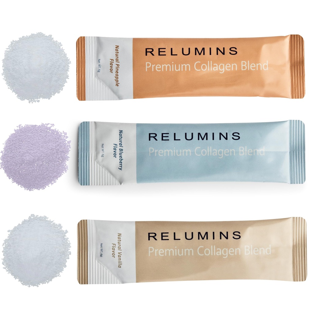 Relumines Marine Collagen Pulver-Mischung - Collagen Peptide mit Glutathion, Grüner Tee, CoQ10, & Hyaluronsäure steigt glatte Glowing Haut - 100 Pulver Beutel x Mix Flavored