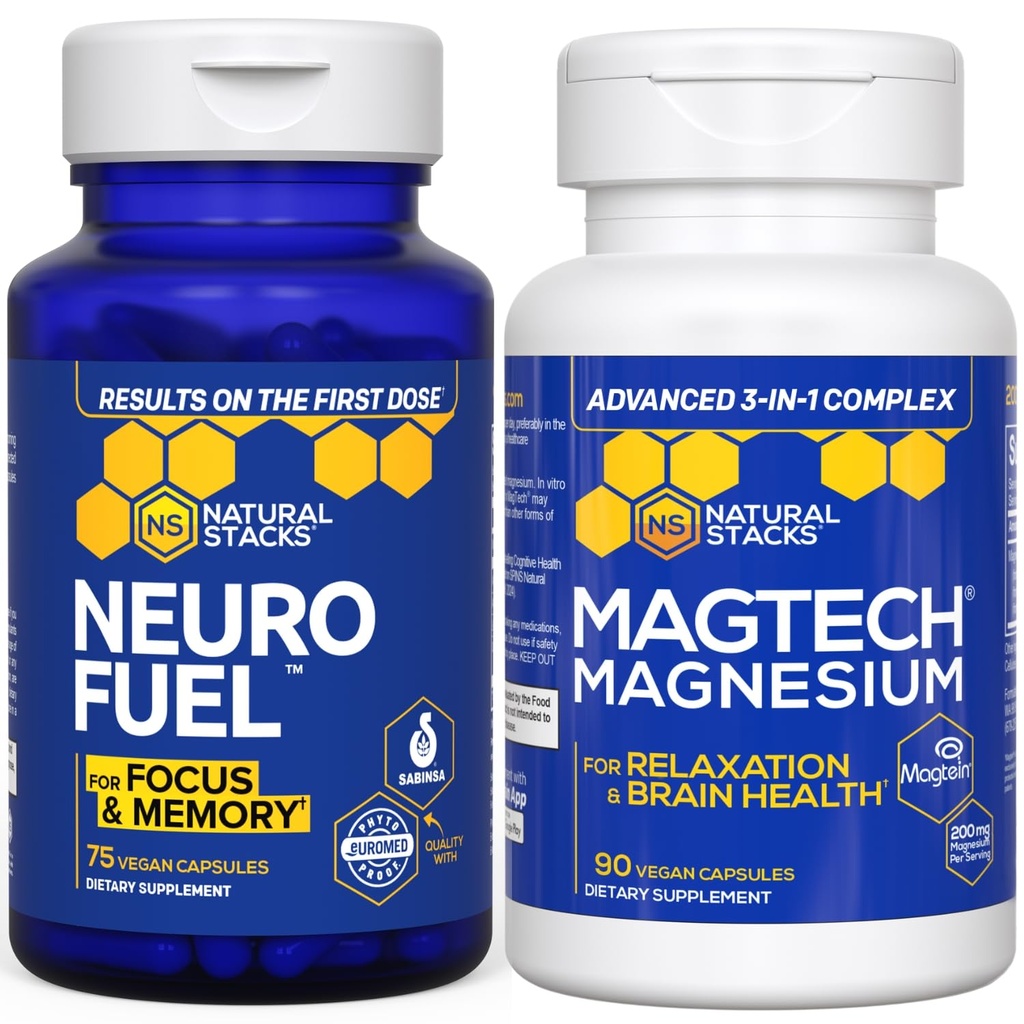 NATURAL STACKS MagTech Magnesium + NeuroFuel Nootropic Bundle - Unterstützt Entspannung, Fokus & Gehirn Gesundheit* - 165 Gesamtkapseln