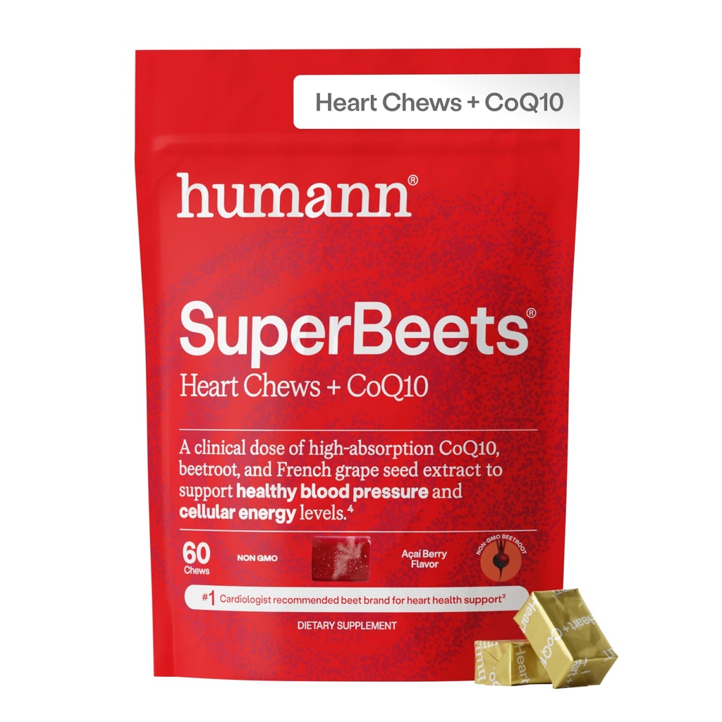 humanN SuperBeets Heart Chews Advanced - 100mg CoQ10 Plus Beetroot & Grape Seed Extract, 60 Count