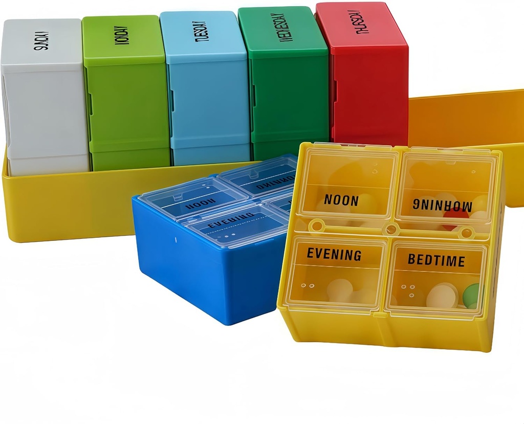 Große wöchentliche Pillen-Gehäuse, 7-tägige Pillen-Gehäuse-Komponenten, Pill Organizer 4 Times Daily, 4-A-Day Pillen-Gehäuse, Secure Compartments, 7.8 x 2.3 x 2.3 in, Gelb