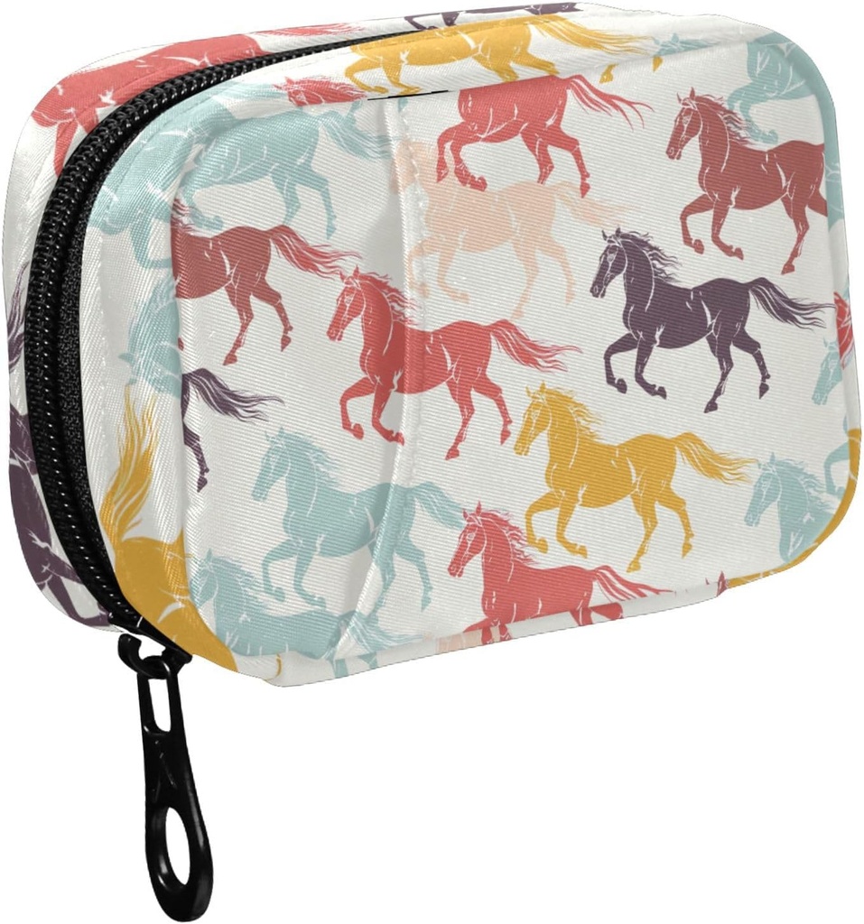 Fustylead Bunte Galloping Pferde Silhouette Pille Organizer für Geldbörse, Wöchentliche tragbare Pille Box mit Reißverschluss zu Lagerung Vitamine Fischöle Medikamente Ergänzungen