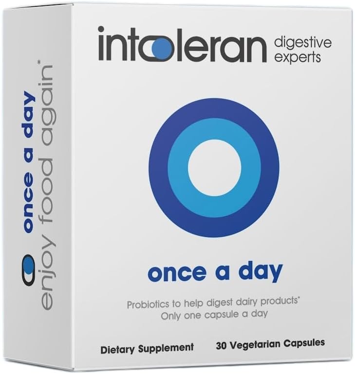 Intoleran Einmal pro Tag - 30 Kapseln | Probiotische Lactose Intolerance Supplement | Aktiv produziert Lactase Enzyme & Hilft Digest Dairy | 1 Kapsel pro Tag | 6 Laktische Säure Fermente | Pure & Dairy Kostenlos