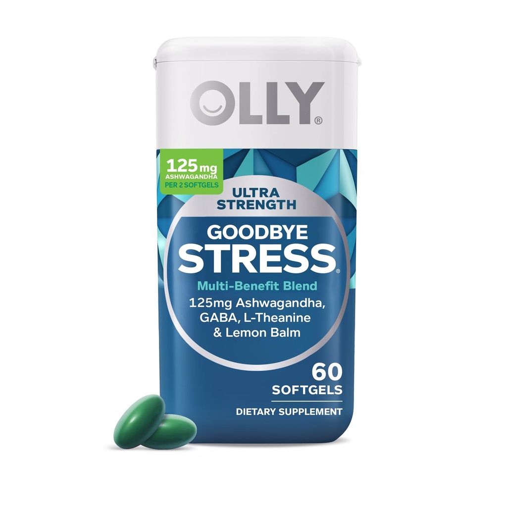 OLLY Ultra Strength Goodbye Stress Softgels, GABA, Ashwagandha, L-Theanin und Zitronenbalsam, Stress Relief Supplement - 60 Count