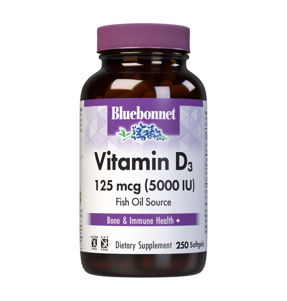 Bluebonnet Nutrition Vitamin D3 5000 IU Softgels, Hilfsmittel im Muskel- und Skelettwachstum, Cholecalciferol aus Fischöl, Non GMO, Glutenfrei, Sojafrei, Molkefrei, Gelb, 250 Softgels