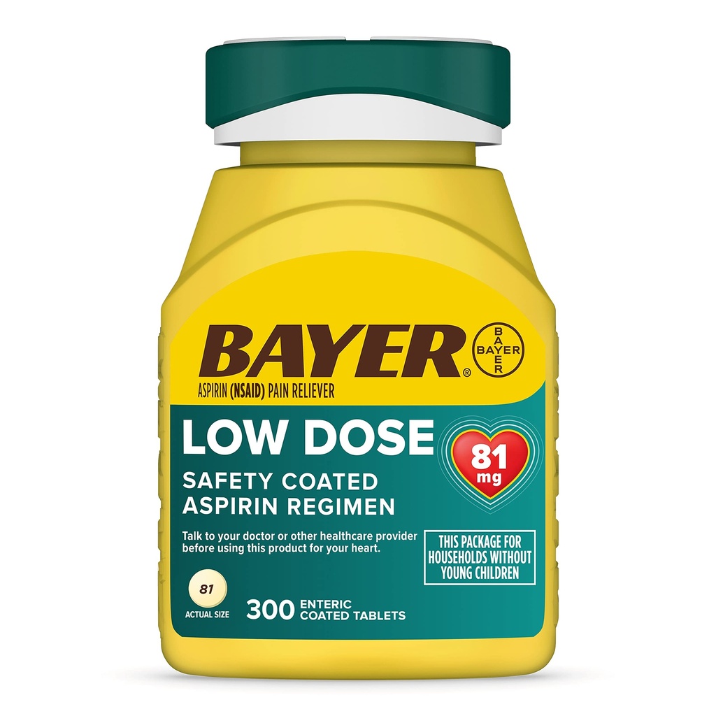 Bayer Aspirin Low Dose 81 mg, Enteric Coated Tablets, Arzt empfohlen, Sekundärprävention von Herz-Kreislauf-Krankheit, 300 Sicherheitsbeschichtete Tabletten