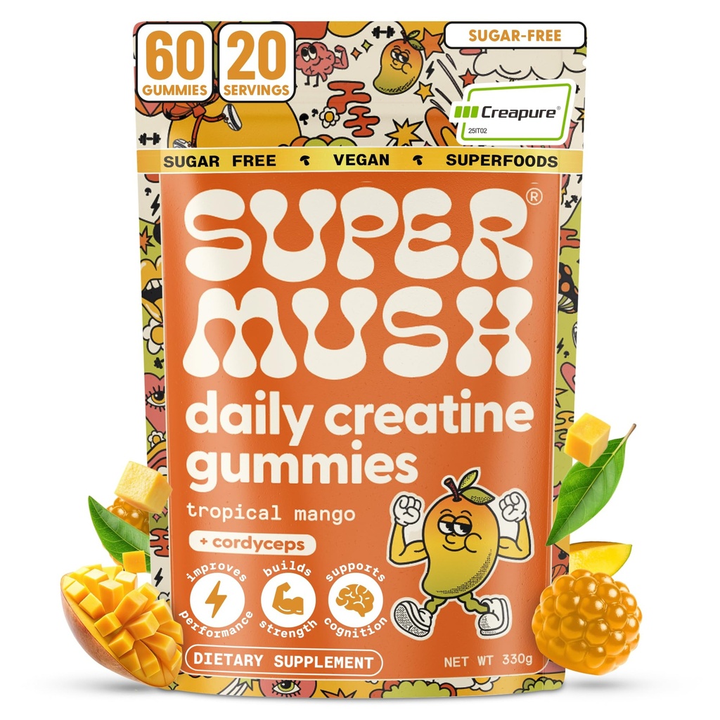 SuperMush Daily Creatine Gummies mit Cordyceps - Daily Superfood - Zuckerfreie Kreatin Monohydrat-Ergänzung für Stärke, Fokus und Erholung – Vegan Gummy Formula, Mango Flavor, 20-Tage-Versorgung