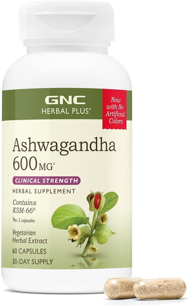 GNC Kräuter Plus Ashwagandha 600mg Ergänzung, Klinische Stärke, Vegetarisch, Relief Stress Unterstützung, 30 Servierungen