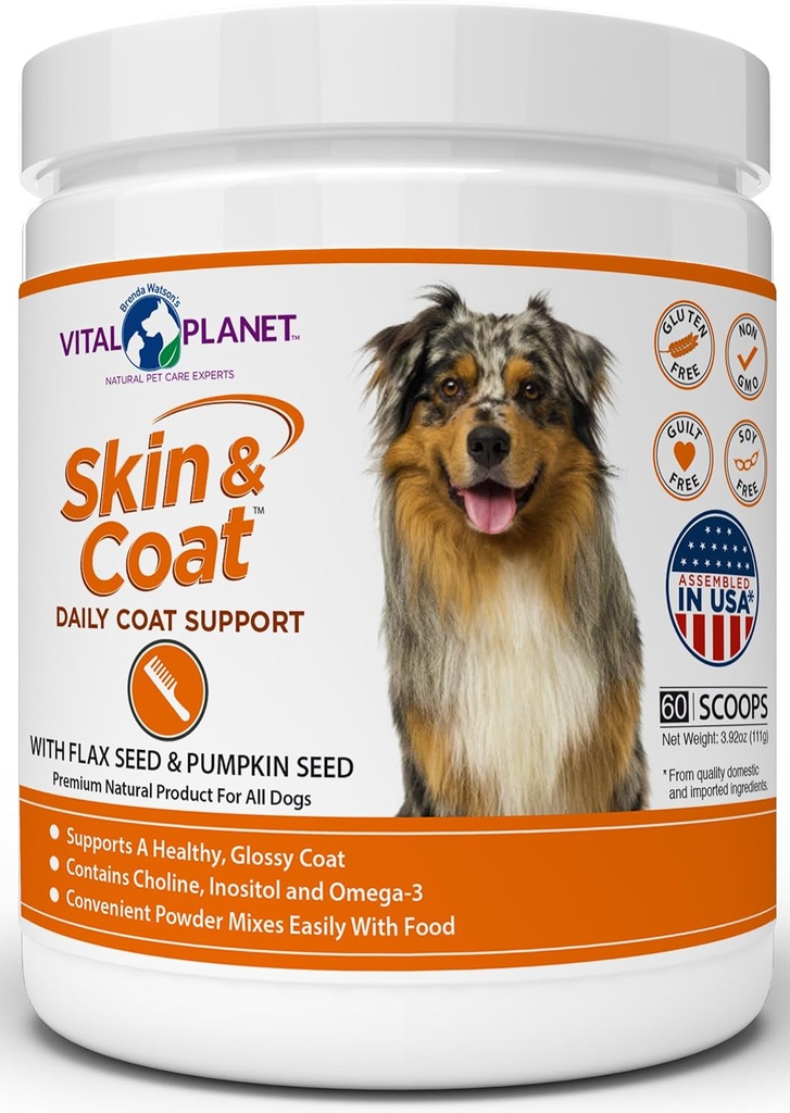 Vital Planet - Haut- und Mantel-Pulver-Ergänzung für Hunde mit Cholin, Inositol, Kürbis, Flax und Omega-3 Öle, um eine weiche glänzende gesunde Mantel und für saisonale Allergien zu unterstützen - 60 Scoops, 111g, 3.92oz