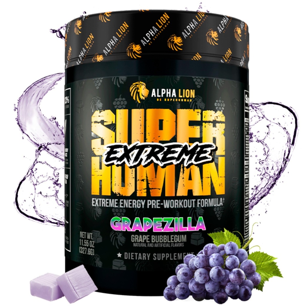 ALPHA LION Superhuman Extreme High Stim Pre Workout Powder, Beta Alanine, L-Taurine & 356mg Tri-Source Koffein für nachhaltige Energie, Nitric Oxide & Citrulline für Pumpe (21 Servings, Grape Flavor)