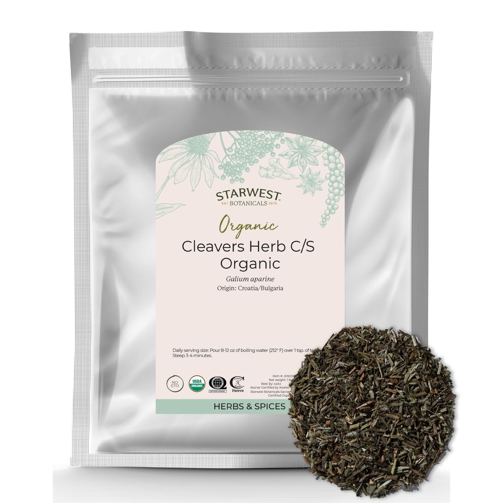 Starwest Botanicals Cleavers Herb Organic - Getrocknete Blatt Kräuter für Tee, Tinkturen, & Kräutermischungen, natürliche Wellness-Unterstützung für Frauen & Männer, Schnitt & Gefertigt, zertifiziert Kosher, Non-GMO - Bulk 1 lb Tasche