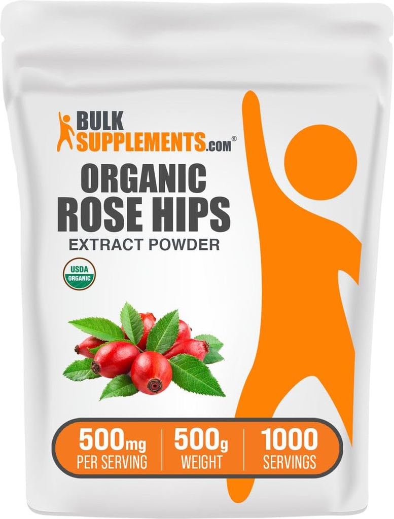 BulkSupplements.com Organic Rosehip Extract Powder - Rose HIPS Supplement, Rosehip Powder - Kräuterergänzung, Antioxidantien Quelle - Glutenfrei, 500mg pro Servierung, 500g (1.1 lbs) (Pack von 1)
